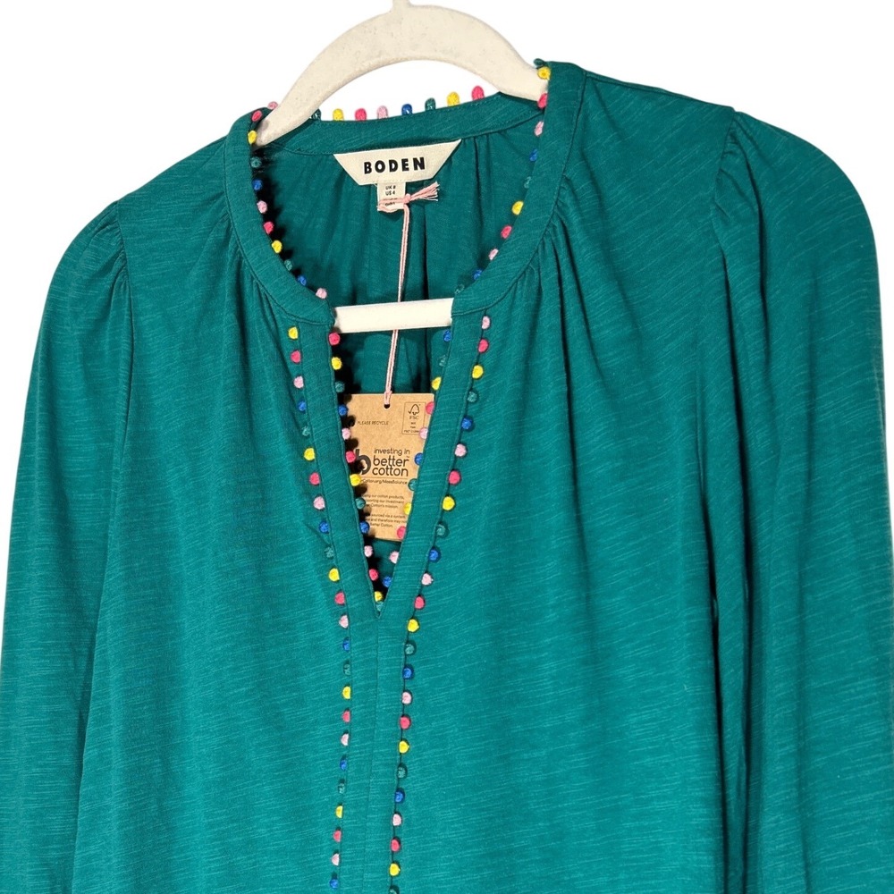 Boden Ali Pom Pom Trim Long Sleeve Split Neck Top Green US Size 4 NWT